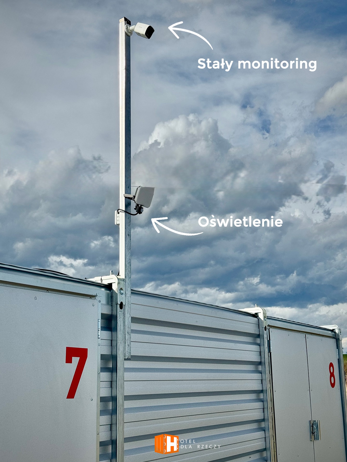 Zdjęcie przedstawia monitoring CCTV oraz oświetlenie placu z magazynami selfstorage.